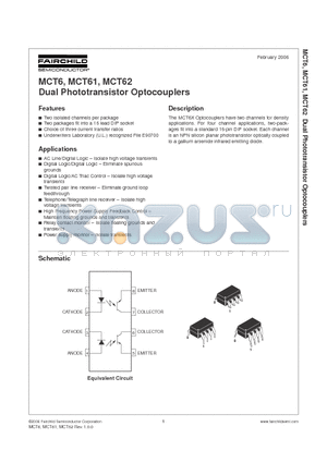 MCT62 datasheet - Dual Phototransistor Optocouplers