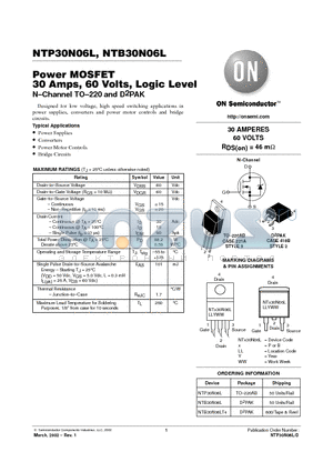 NTB30N06LT4 datasheet - Power MOSFET 30 Amps, 60 Volts, Logic Level
