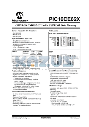 PIC16CE625T-20I/SS datasheet - OTP 8-Bit CMOS MCU with EEPROM Data Memory