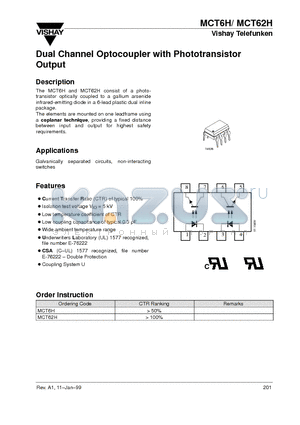 MCT6H datasheet - Dual Channel Optocoupler with Phototransistor