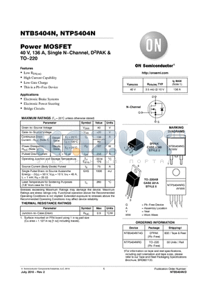 NTB5404NT4G datasheet - Power MOSFET 40 V, 136 A, Single N−Channel, D2PAK & TO−220