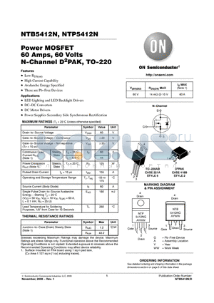 NTB5412N datasheet - Power MOSFET 60 Amps, 60 Volts N-Channel D2PAK, TO-220