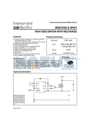 IR20153SPBF datasheet - HIGH SIDE DRIVER WITH RECHARGE