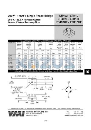 LTI402 datasheet - 200 V - 1,000 V Single Phase Bridge 20.0 A - 25.0 A Forward Current 70 ns - 3000 ns Recovery Time