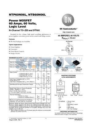 NTB60N06LT4 datasheet - Power MOSFET 60 Amps, 60 Volts, Logic Level N−Channel TO−220 and D2PAK
