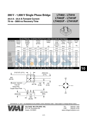 LTI406 datasheet - 200 V - 1,000 V Single Phase Bridge 20.0 A - 25.0 A Forward Current 70 ns - 3000 ns Recovery Time