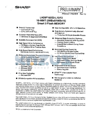 LH28F160S3HB-L10 datasheet - 16-MBIT(2MBx8/1MBx16) Smart 3 Flash MEMORY