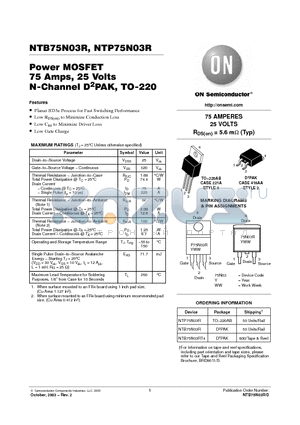 NTB75N03RT4 datasheet - Power MOSFET 75 Amps, 25 Volts N-Channel D2PAK, TO-220
