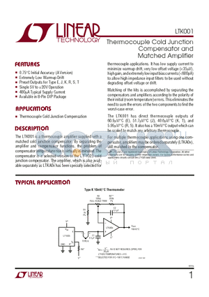 LTK001ACN8 datasheet - Thermocouple Cold Junction Compensator and Matched Amplifier