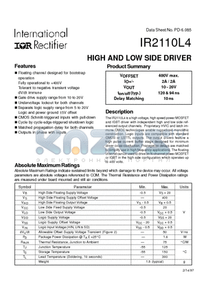 IR2110L datasheet - HIGH AND LOW SIDE DRIVER