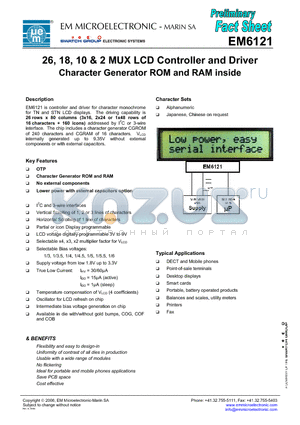 EM6121 datasheet - 26, 18, 10 & 2 MUX LCD Controller and Driver Character Generator ROM and RAM inside