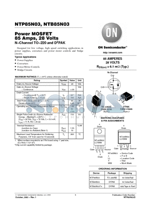 NTB85N03T4 datasheet - Power MOSFET 85 Amps, 28 Volts