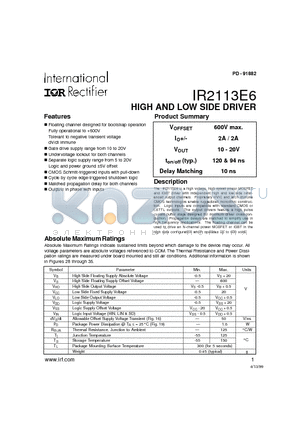 IR2113E6 datasheet - HIGH AND LOW SIDE DRIVER