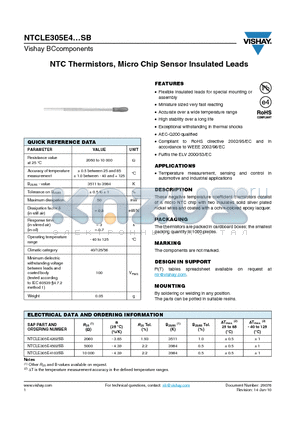NTCLE305E4 datasheet - NTC Thermistors, Micro Chip Sensor Insulated Leads