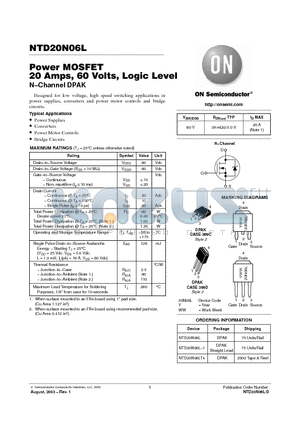 NTD20N06L-1 datasheet - Power MOSFET 20 Amps, 60 Volts, Logic Level
