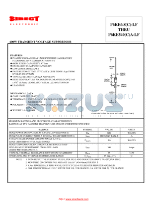 P6KE43CA-LF datasheet - 600W TRANSIENT VOLTAGE SUPPRESSOR