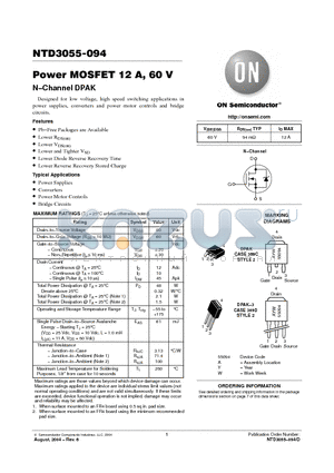 NTD3055-094-1G datasheet - Power MOSFET 12 A, 60 V