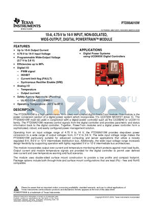 PTD08A010W datasheet - 10-A, 4.75-V to 14-V INPUT, NON-ISOLATED, WIDE-OUTPUT, DIGITAL POWERTRAIN MODULE