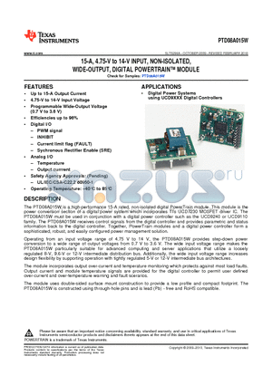 PTD08A015W datasheet - 15-A, 4.75-V to 14-V INPUT, NON-ISOLATED, WIDE-OUTPUT, DIGITAL POWERTRAIN MODULE