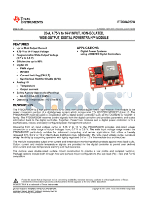 PTD08A020W datasheet - 20-A, 4.75-V to 14-V INPUT, NON-ISOLATED, WIDE-OUTPUT, DIGITAL POWERTRAIN MODULE