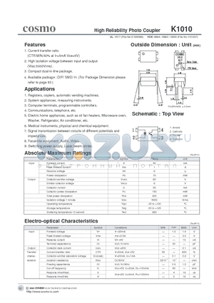 K1010 datasheet - High Reliability Photo Coupler