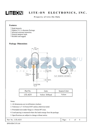 LTL-4253 datasheet - High Intensity Popular T-1 3/4diameter Package Selected minimun intensities General purpose leads Reliable and rugged