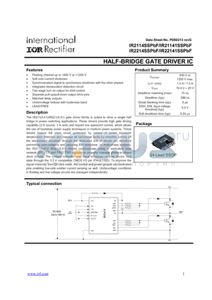 IR22141SSPBF datasheet - HALF-BRIDGE GATE DRIVER IC