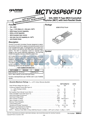 MCTV35P60F1D datasheet - 35A, 600V P-Type MOS Controlled Thyristor (MCT) with Anti-Parallel Diode