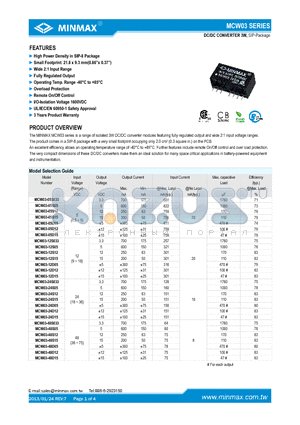 MCW03-05D05 datasheet - DC/DC CONVERTER 3W, High Power Density in SIP-8 Package