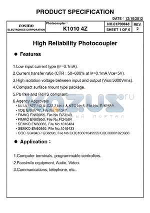 K10104Z datasheet - High Reliability Photocoupler