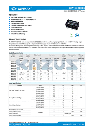 MCW1013 datasheet - 2W, Wide Input Range SIP, Single Output DC/DC Converters