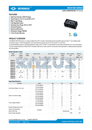 MCW1012 datasheet - DC/DC CONVERTER 2W High Power Density in SIP-8 Package