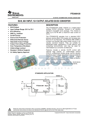 PTEA404120N2AZ datasheet - 50-W, 48-V INPUT, 12-V OUTPUT, ISOLATED DC/DC CONVERTER