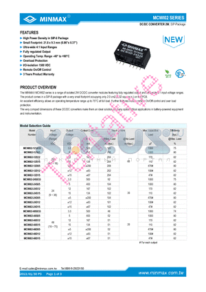 MCWI02 datasheet - DC/DC CONVERTER 2W, Hihg Power Density in SIP-8 Package