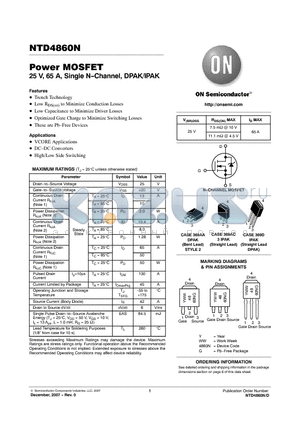 NTD4860N datasheet - 25 V, 65 A, Single N-Channel, DPAK/IPAK