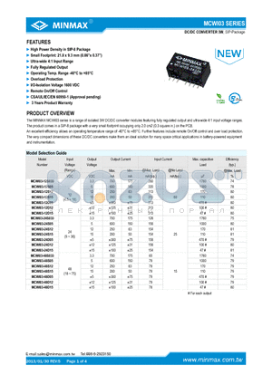 MCWI03-12S033 datasheet - DC/DCCONVERTER 3W High Power Density in SIP-8 Package