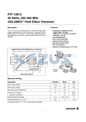 PTF10015 datasheet - 50 Watts, 300-960 MHz GOLDMOS Field Effect Transistor