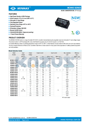 MCWI03-12S12 datasheet - DC/DCCONVERTER 3W High Power Density in SIP-8 Package