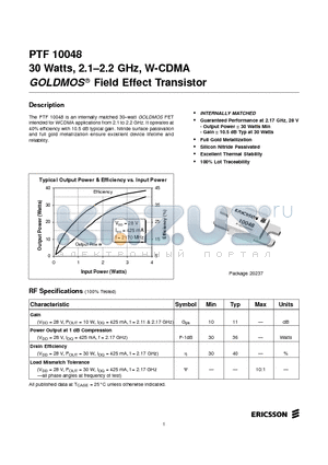 PTF10048 datasheet - 30 Watts, 2.1-2.2 GHz, W-CDMA GOLDMOS Field Effect Transistor