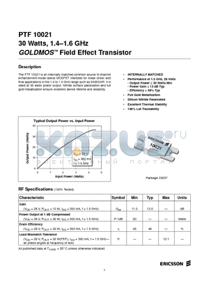 PTF10021 datasheet - 30 Watts, 1.4-1.6 GHz GOLDMOS Field Effect Transistor