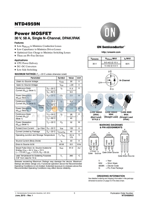 NTD4959N-1G datasheet - Power MOSFET 30 V, 58 A, Single N−Channel, DPAK/IPAK