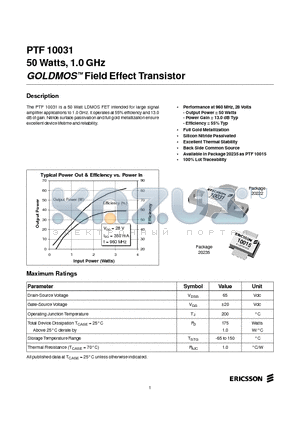 PTF10031 datasheet - 50 Watts, 1.0 GHz GOLDMOS Field Effect Transistor