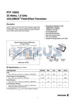 PTF10052 datasheet - 35 Watts, 1.0 GHz GOLDMOS Field Effect Transistor