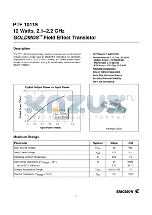 PTF10119 datasheet - 12 Watts, 2.1-2.2 GHz GOLDMOS Field Effect Transistor