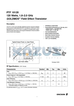 PTF10120 datasheet - 120 Watts, 1.8-2.0 GHz GOLDMOS Field Effect Transistor