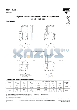 K103J20C0GF5.L2 datasheet - Dipped Radial Multilayer Ceramic Capacitors for 50 - 100 Vdc