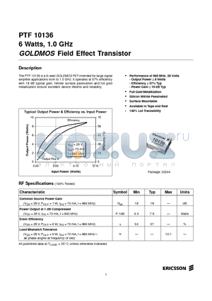 PTF10136 datasheet - 6 Watts, 1.0 GHz GOLDMOS Field Effect Transistor