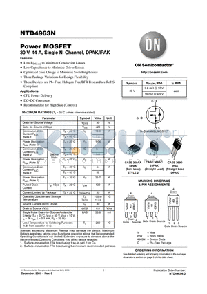 NTD4963N-35G datasheet - Power MOSFET 30 V, 44 A, Single N−Channel, DPAK/IPAK
