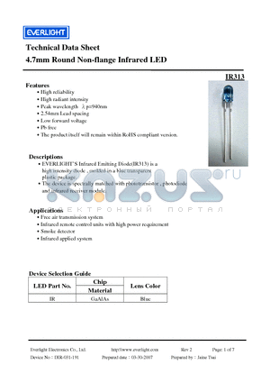 IR313 datasheet - Technical Data Sheet 4.7mm Round Non-flange Infrared LED