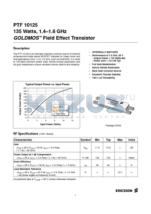 PTF10125 datasheet - 135 Watts, 1.4-1.6 GHz GOLDMOS Field Effect Transistor